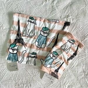 Kassafina Pink & White Coquette Cat and Eiffel Tower Hand & Face Towel Set NWT